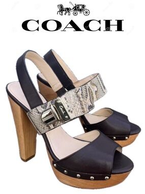 COACH Darcey Printed Python Platform High Heels Sandals Dark Brown Gold Studded
